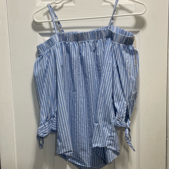 Blue/ White off the shoulder shirt - Picture 2 of 3